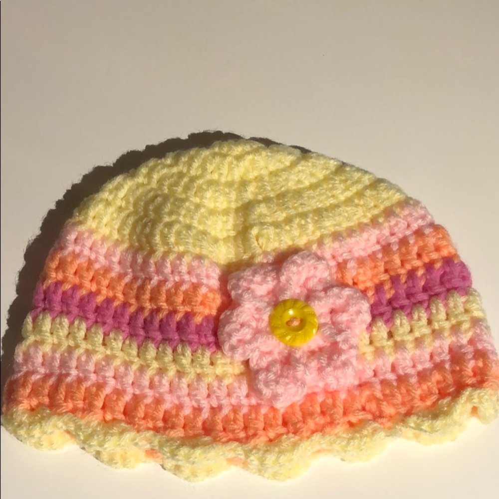 Newborn baby girl hat yellow peach pink flower